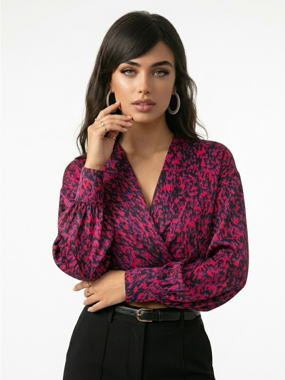 EXPRESS | Animal Print Wrap Front Blouse Red Purple Black Women’s Size Small
